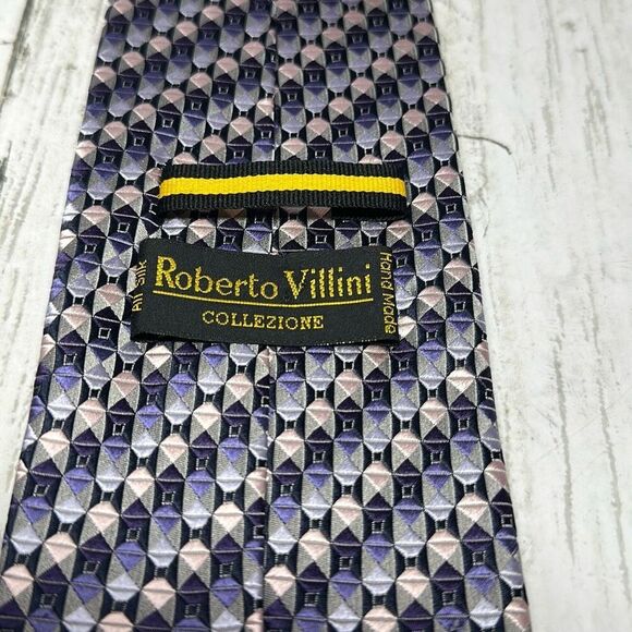 Roberto Villini Geometric Handmade Silk necktie Tie Purple Pink - Picture 5 of 6